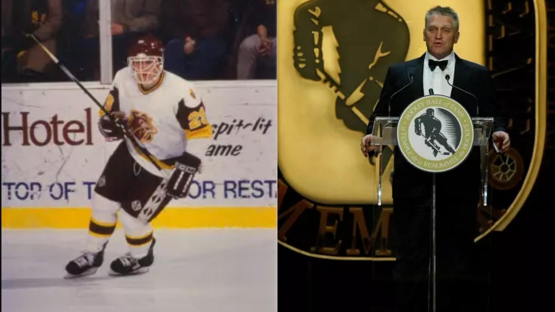 Brett Hull as a member of Minnesota Duluth and at his Hockey Hall of Fame induction in 2009