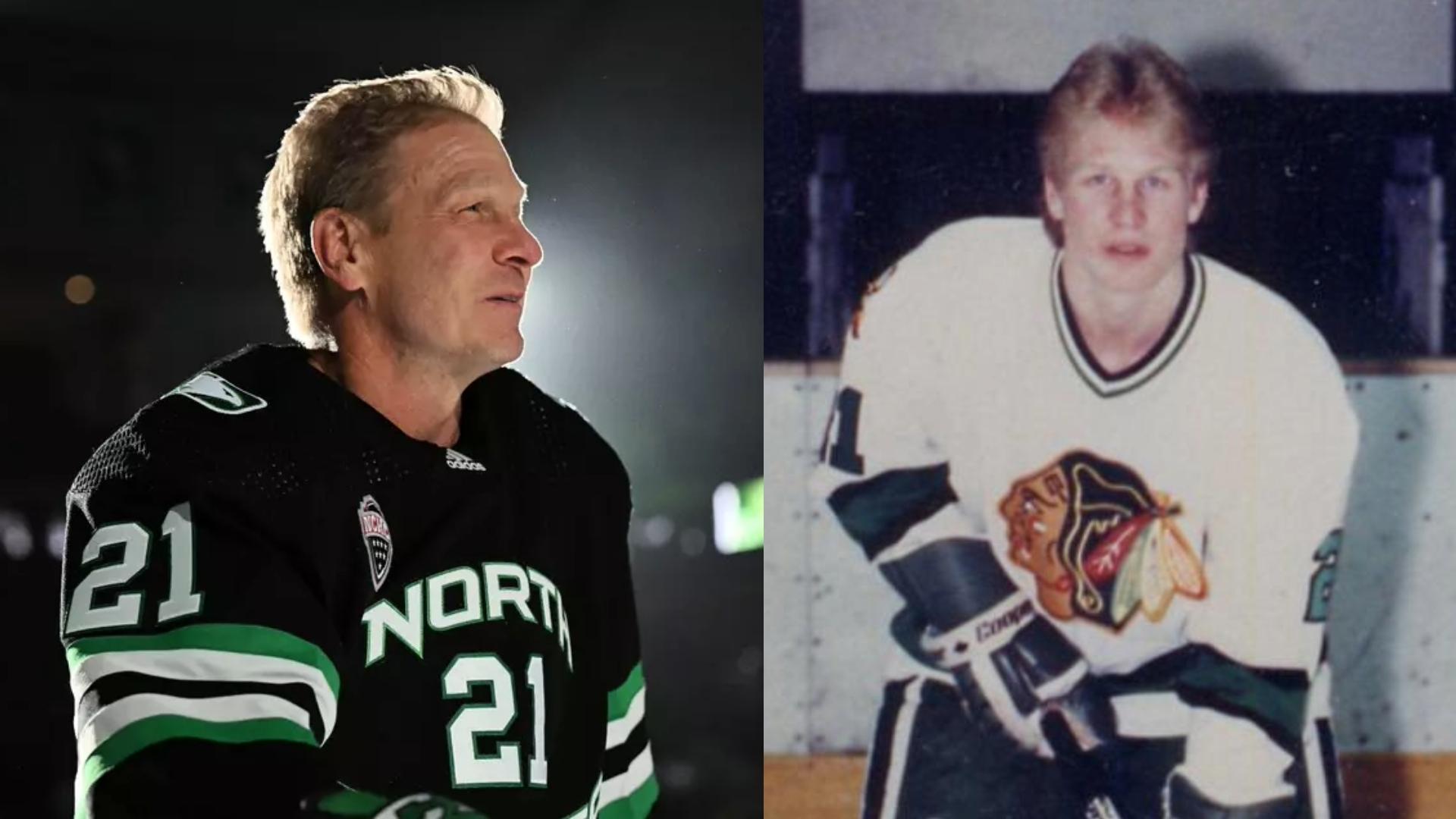 Tony Hrkac at his "One More Shift" ceremony at UND, and as a player in the late 1980s