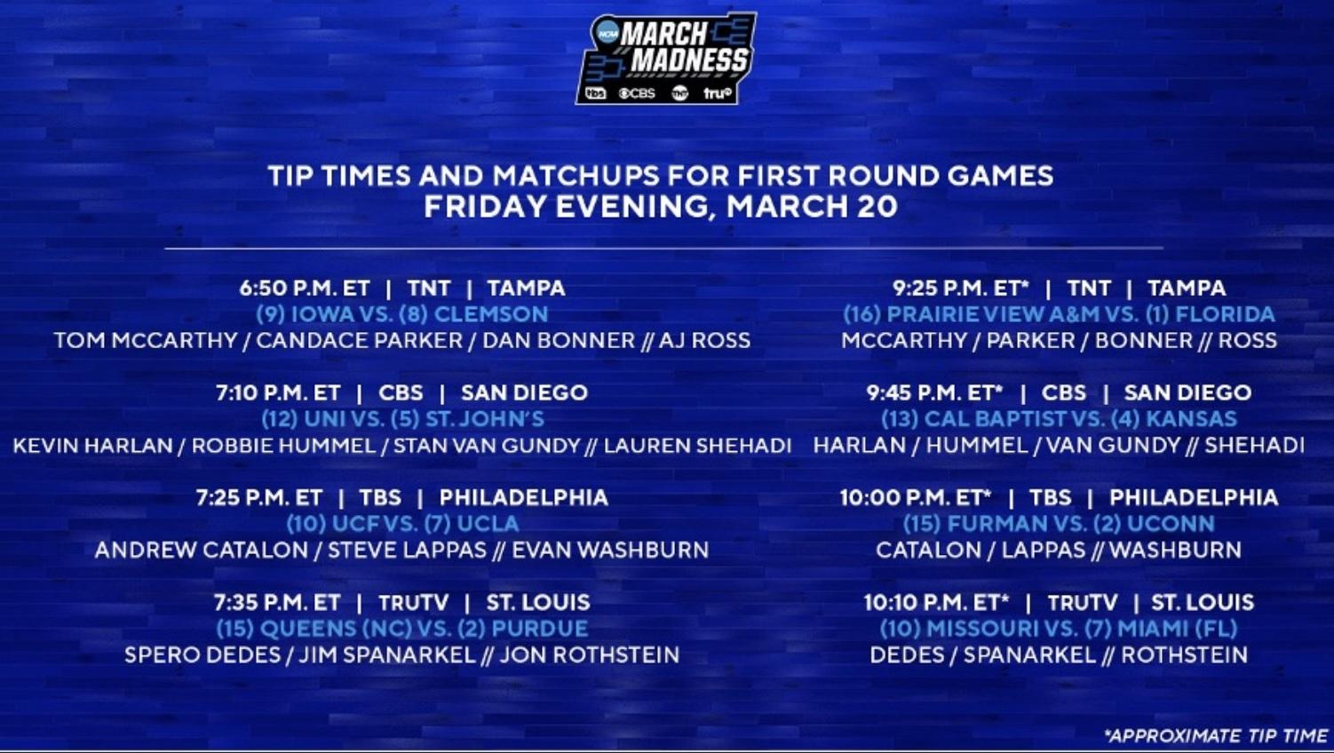 2026 March Madness Friday Evening Tip Times